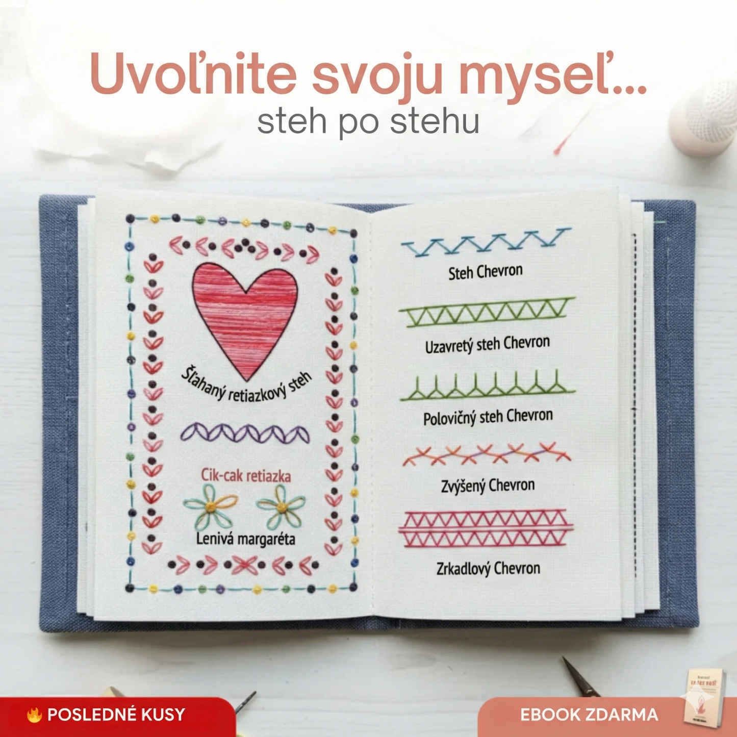 Antistresová kniha vyšívania: Kompletná sada so 60+ vzormi